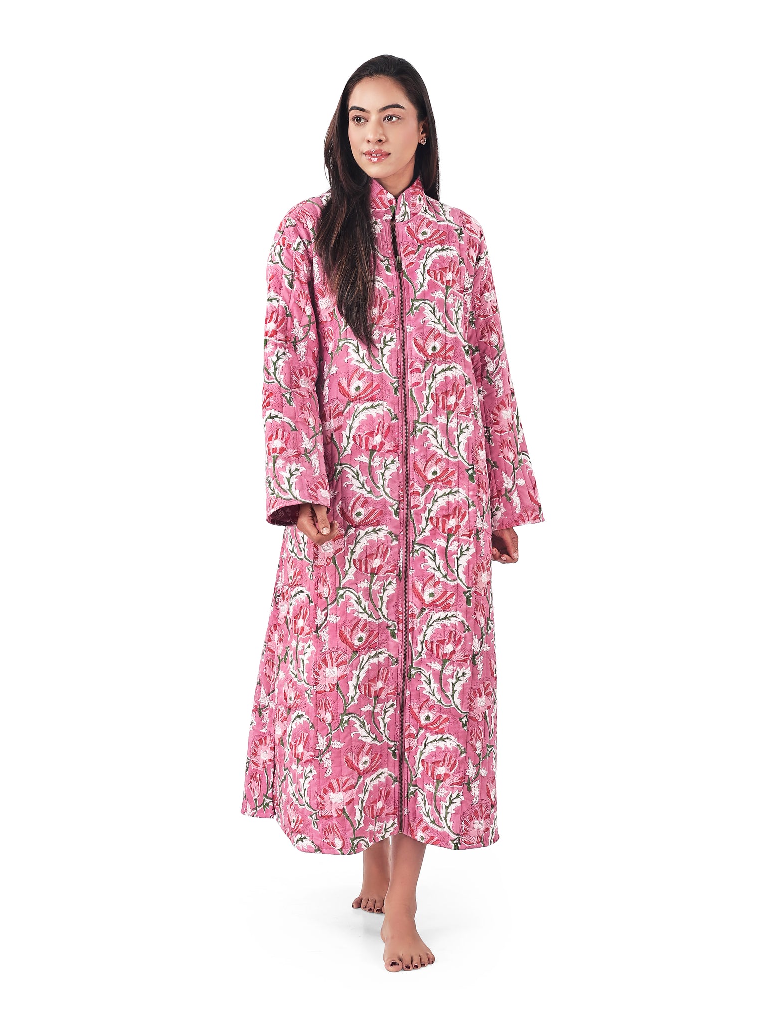 Reversible Zip Front, Luxury Quilted Hand Block Print Robe - Pink ...