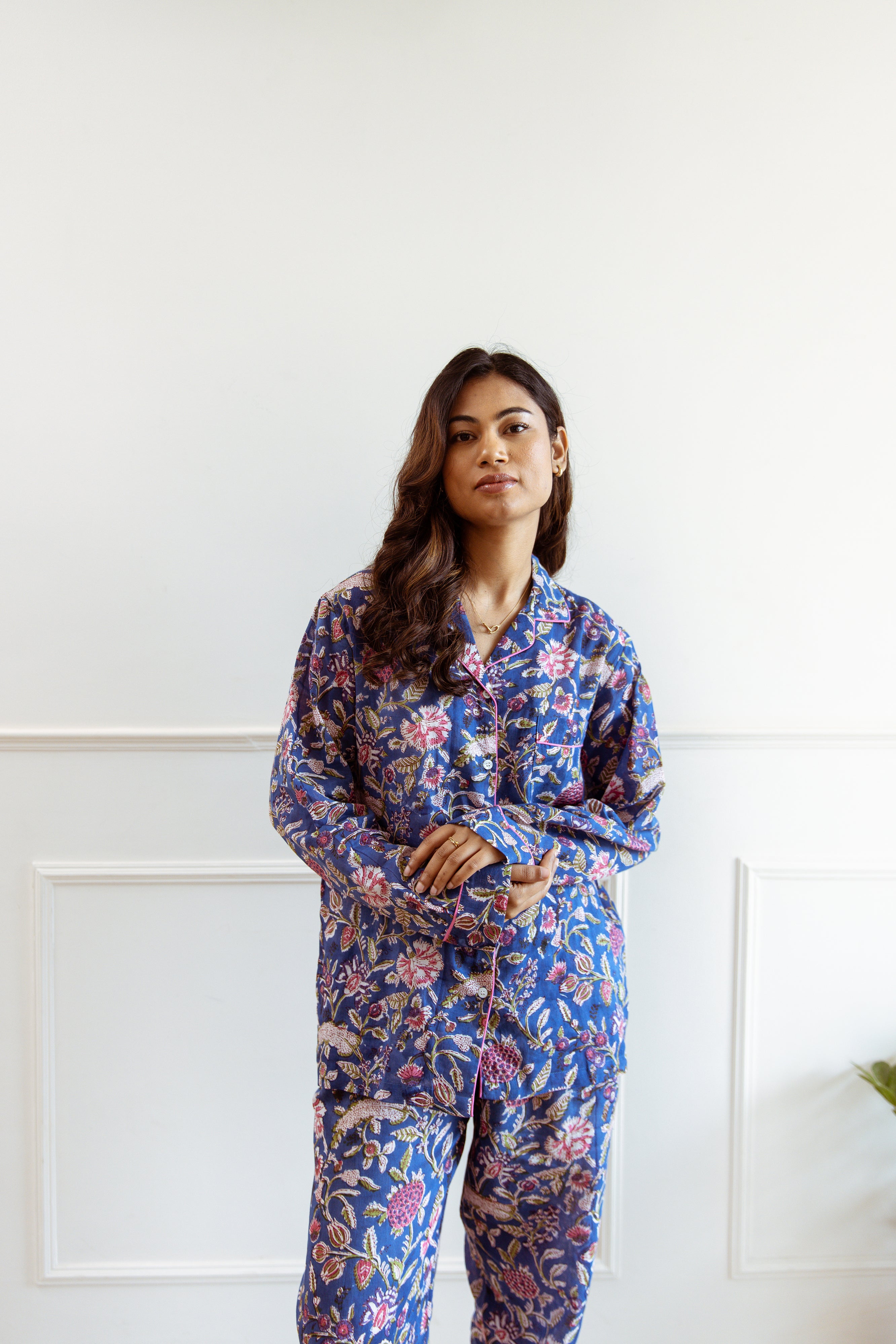Long Cotton PJ Set in Blue main image 0