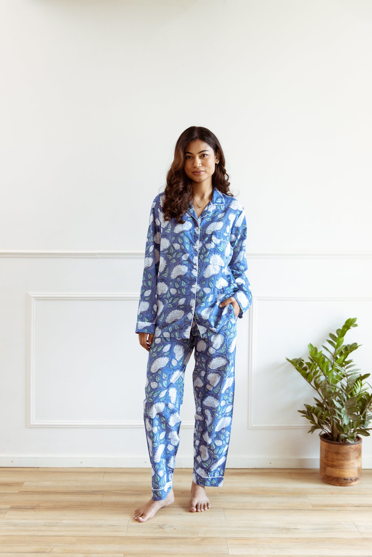 Long Cotton PJ Set in Blue