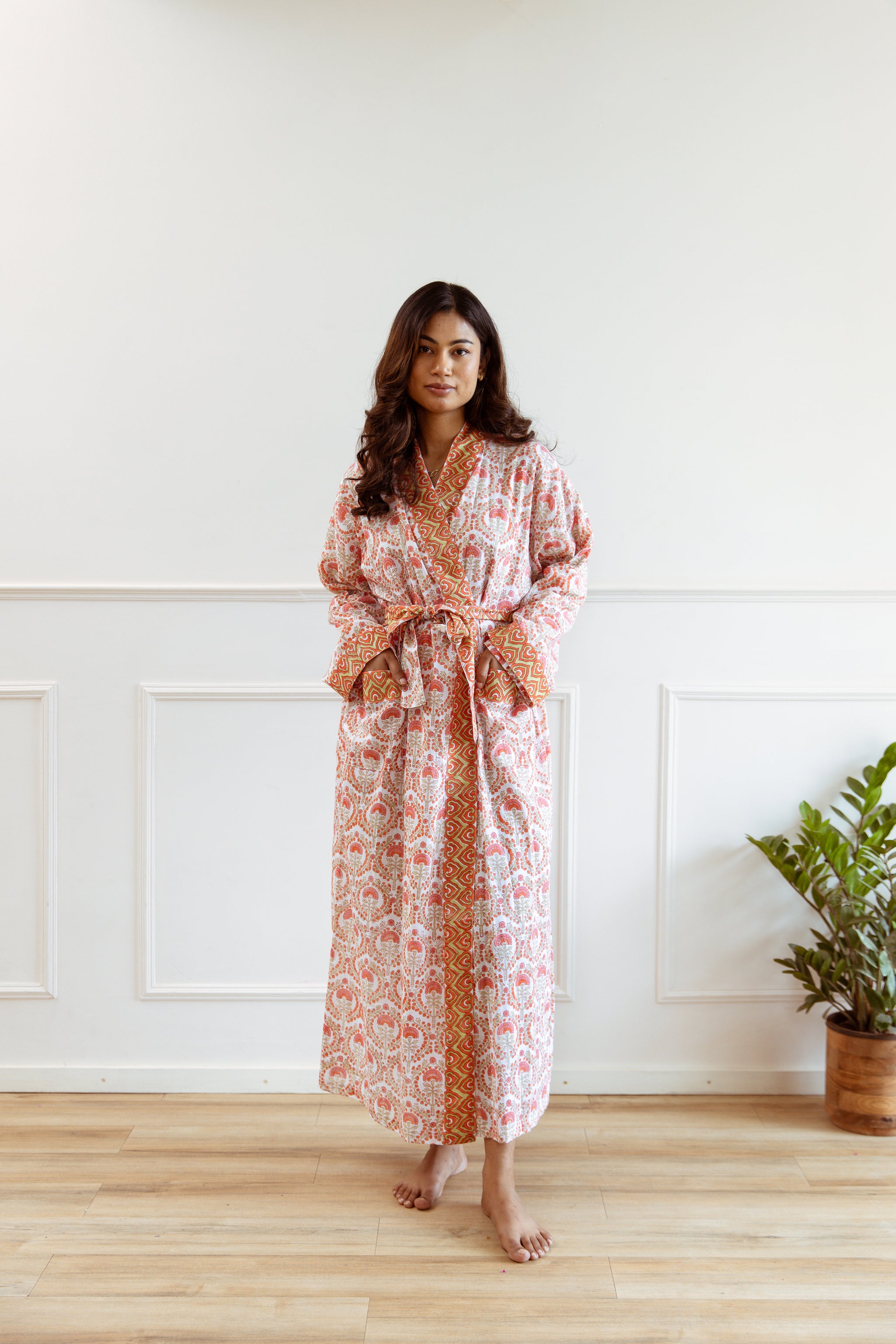 SALE Long Cotton Robe - Pretty Pink Floral Print– HappyCabbageLondon