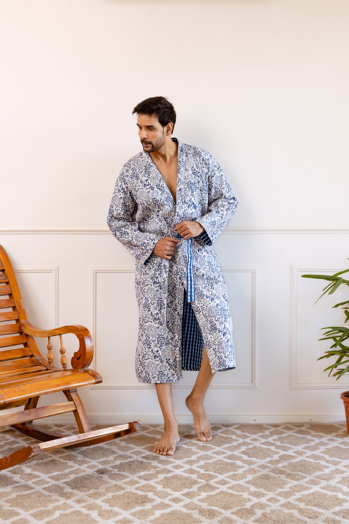 Men's Luxury Quilted Hand Block Print Robe - Indigo Garden ...