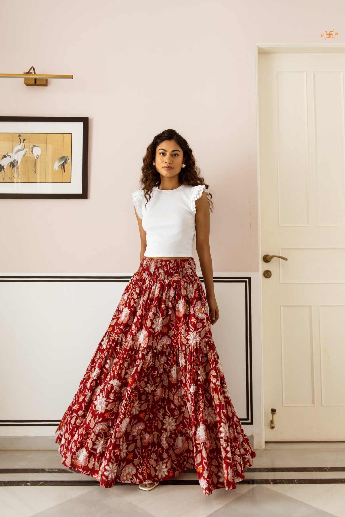 Gaia Women's Block Print Skirt in Red Floral