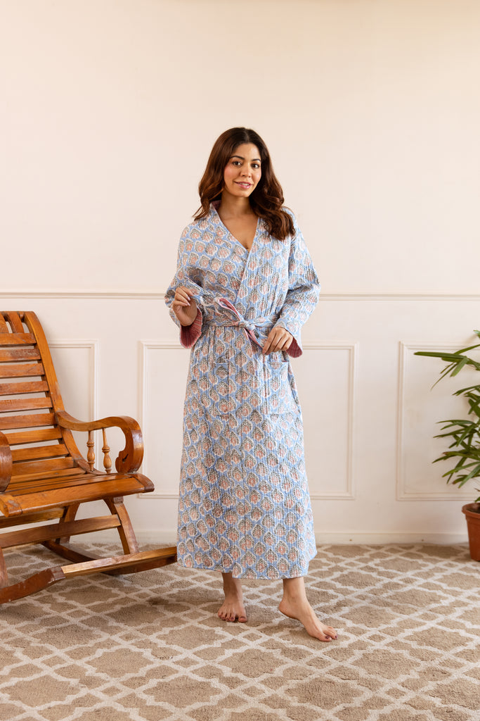 Block Print Robe Luxury Quilted Hand Block Print Robe - Azure Bloom– HappyCabbageLondon
