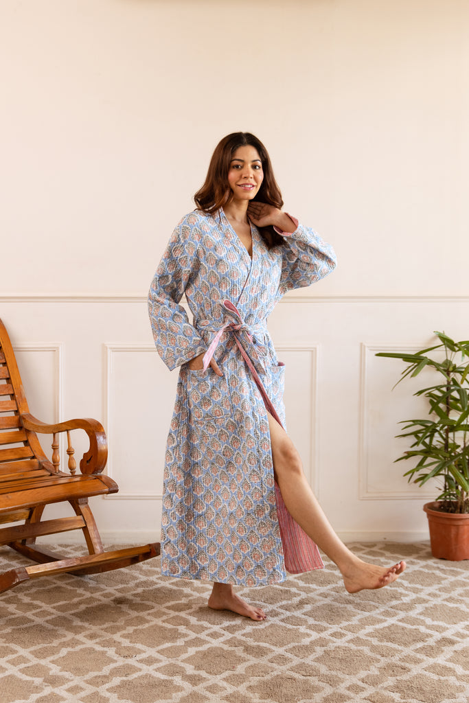 Block Print Robe Luxury Quilted Hand Block Print Robe - Azure Bloom– HappyCabbageLondon
