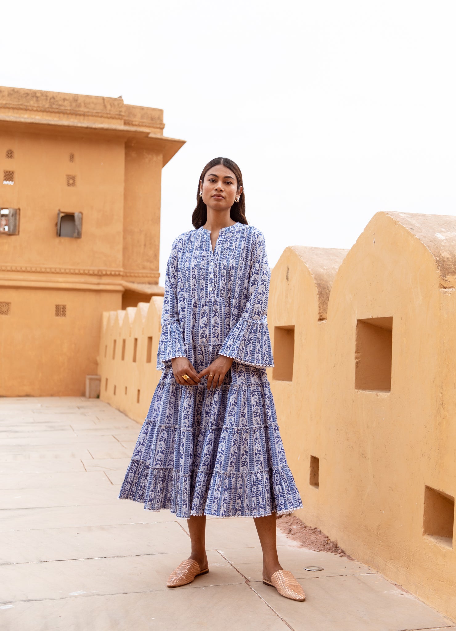 The Reva — Blue Dabu Hand-Block Print Cotton Shirt-Collar Midi