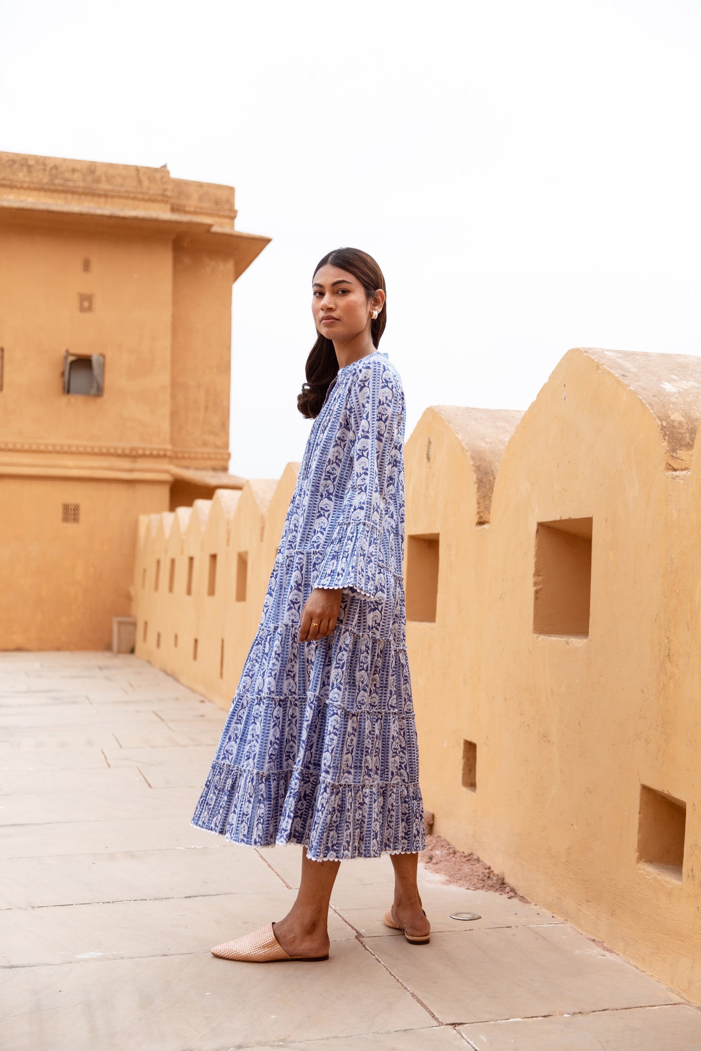 Blue and Beige Block Print Cotton Dress