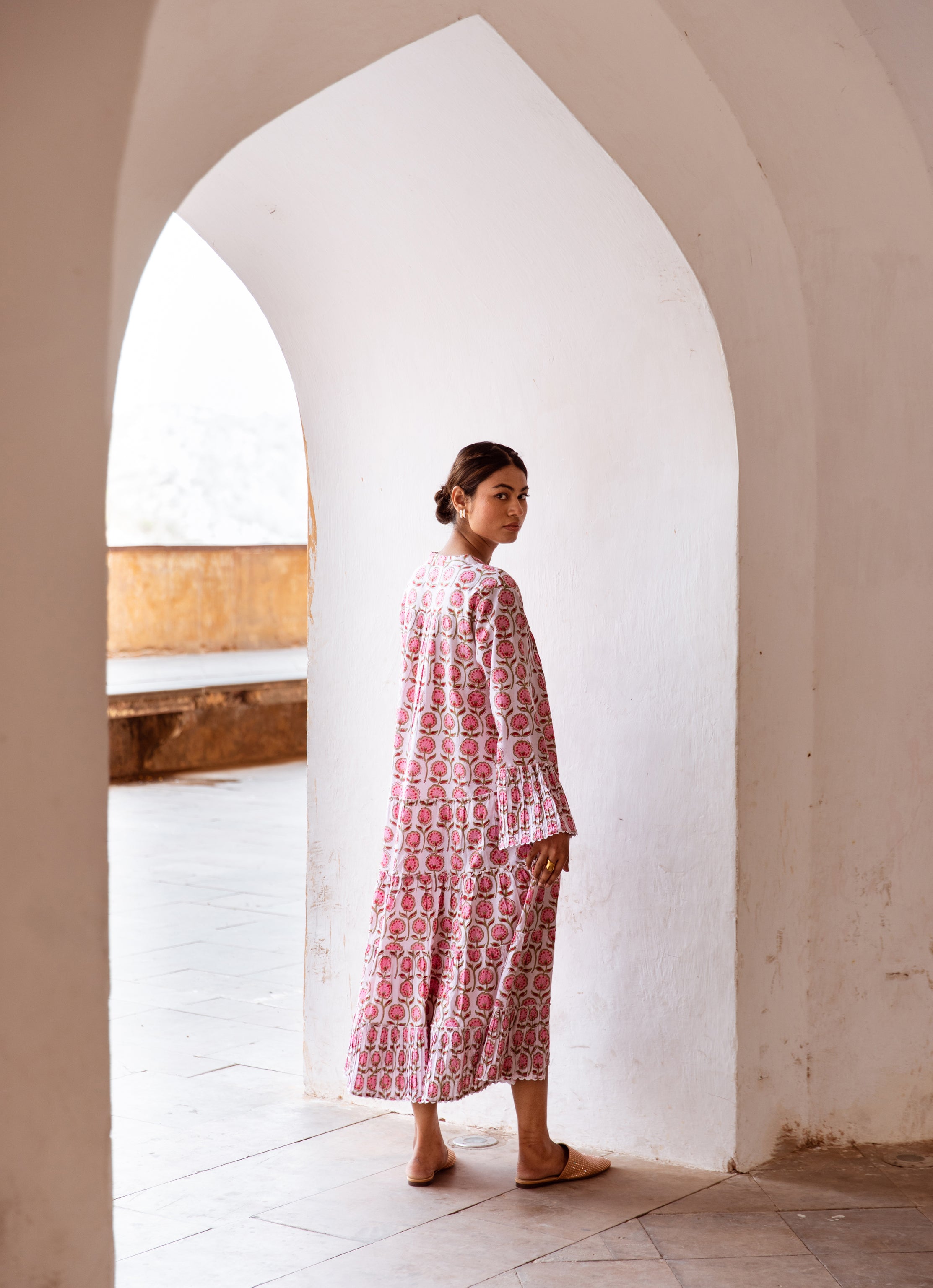Powder Pink Cotton Block Printed Knee Length Frilled Dress main image 0