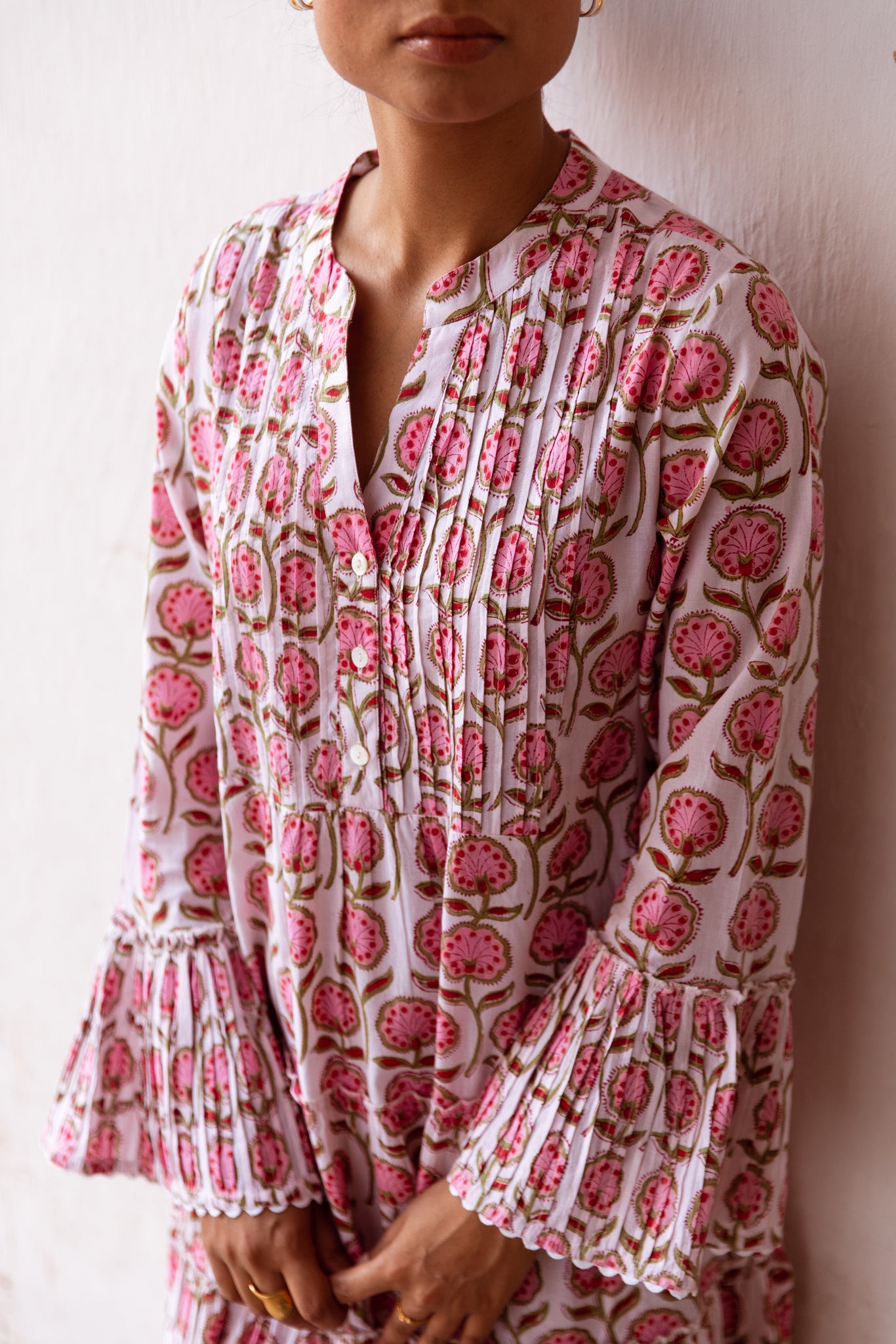 Red And Pink Block Printed Cord Set Dress For Women