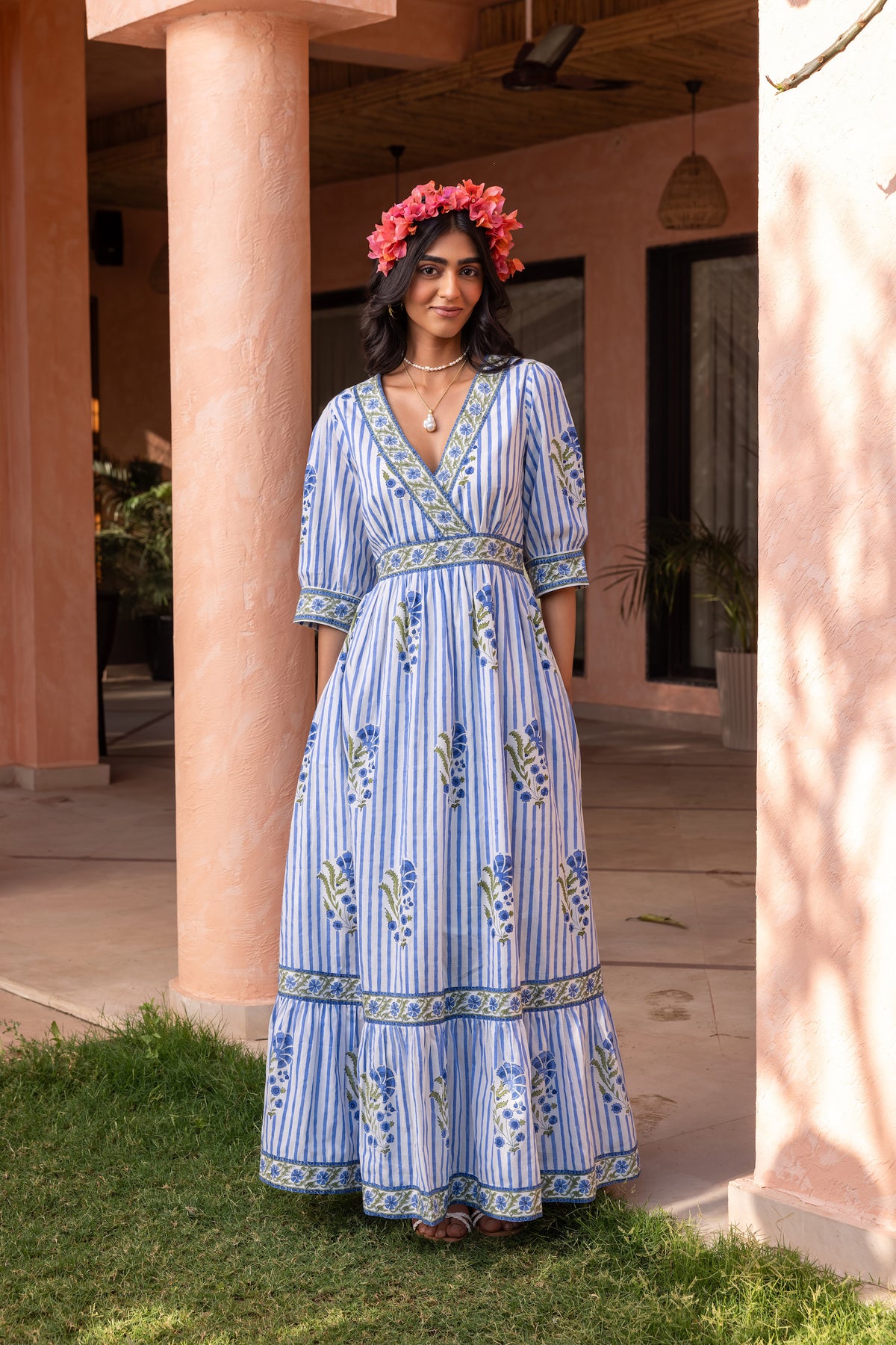 The Delphine Dress - Blue Mughal Stripe– HappyCabbageLondon
