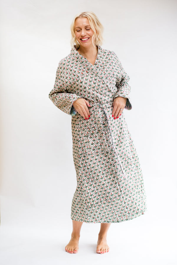 Red Tulip Block Print Dressing Gown - Rooh London