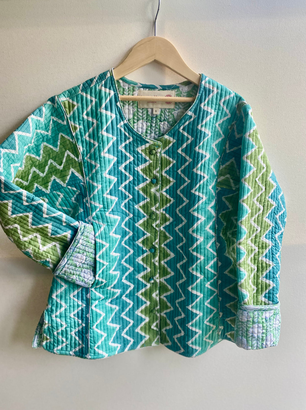Cotton Quilted Jacket - Turquoise & Green Zig Zag Print– HappyCabbageLondon