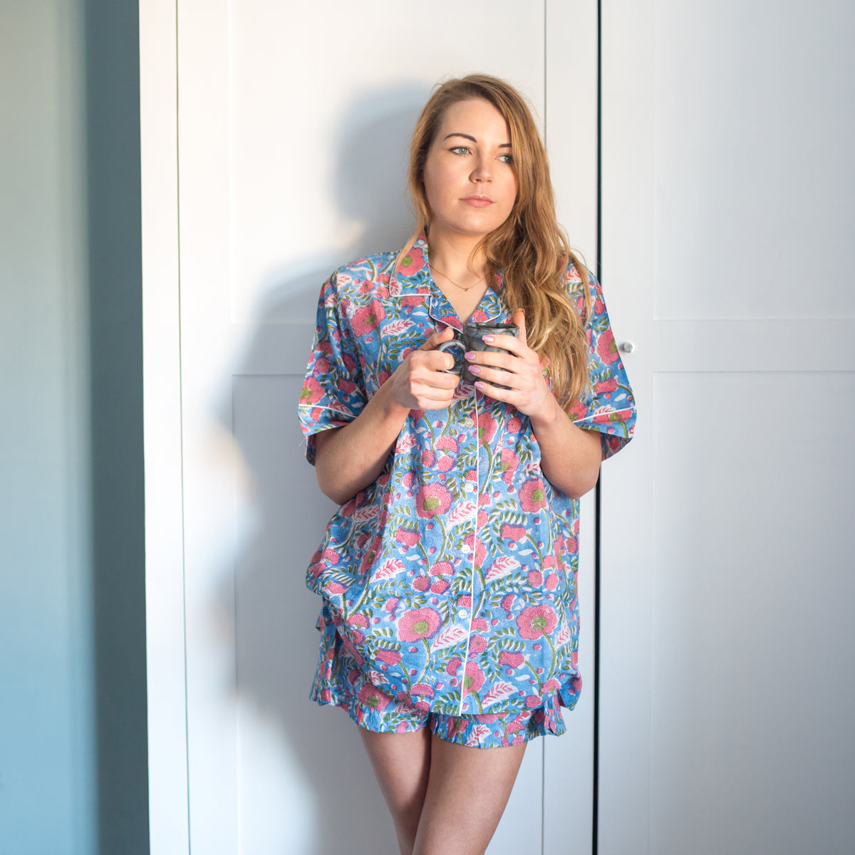 Short PJ Set - Blue & Pink Poppy Print– HappyCabbageLondon